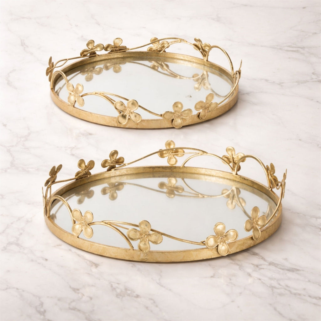 Floral Sculpted Mirror Tray (Set of 2)