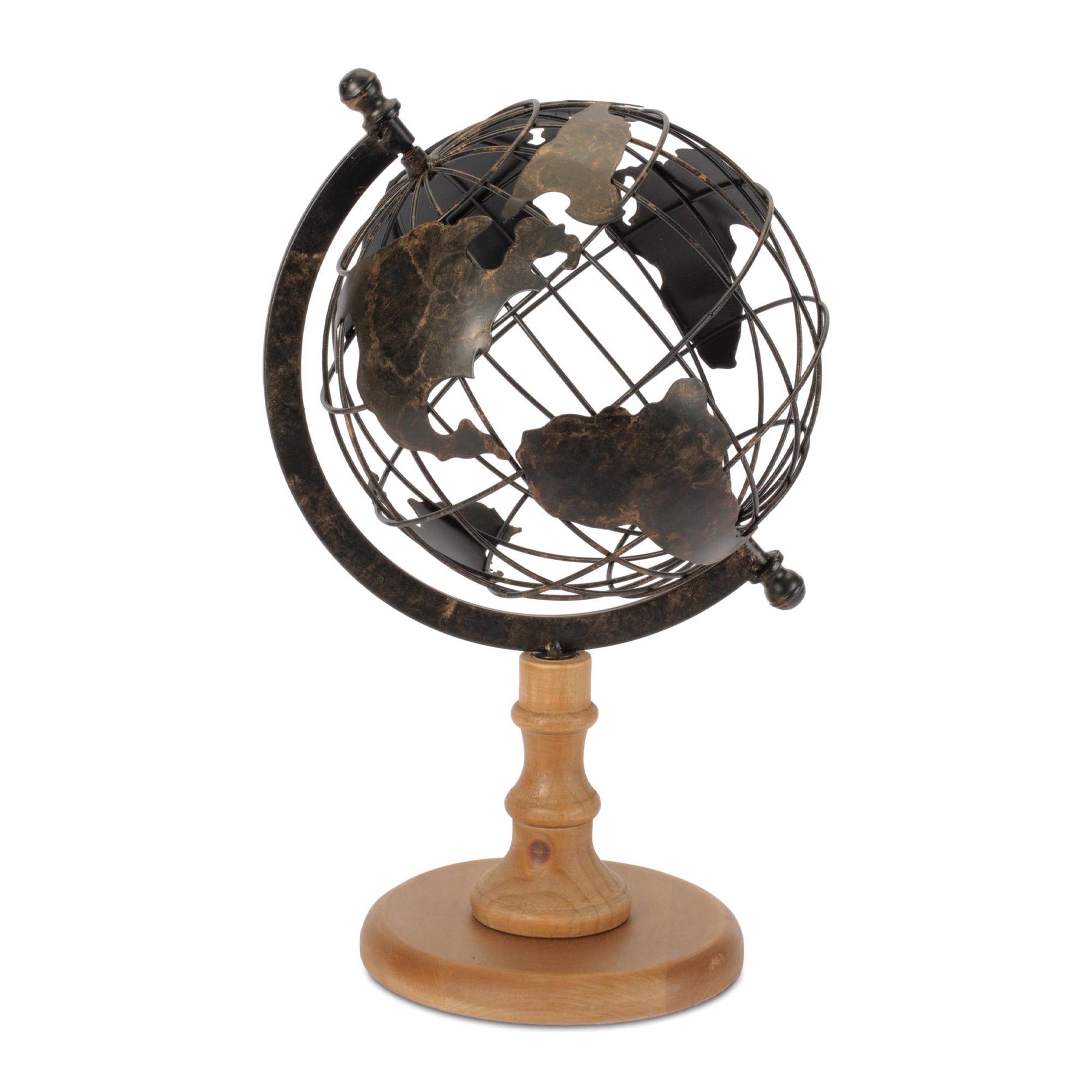 Iron Globe with Natural Wood Base 14.5"H