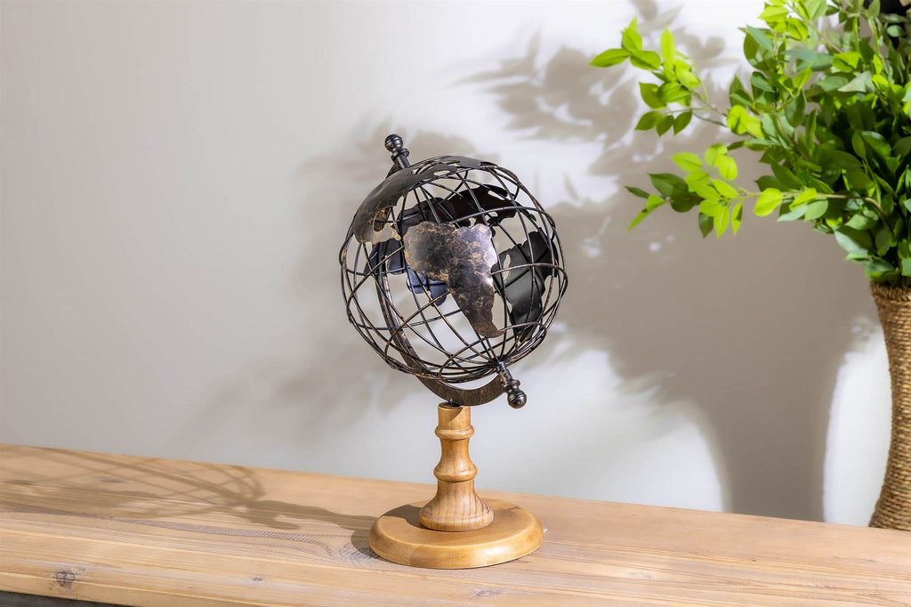 Iron Globe with Natural Wood Base 14.5"H