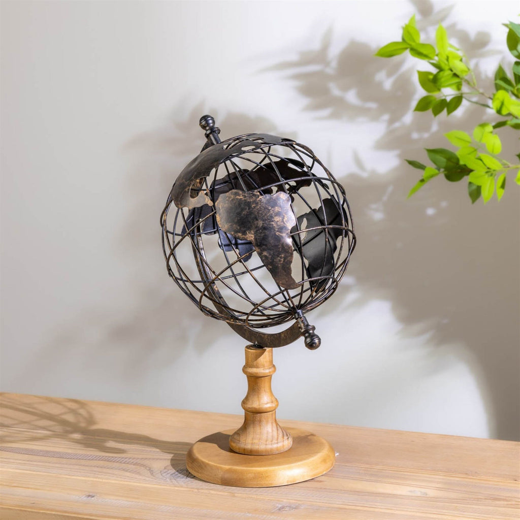 Iron Globe with Natural Wood Base 14.5"H