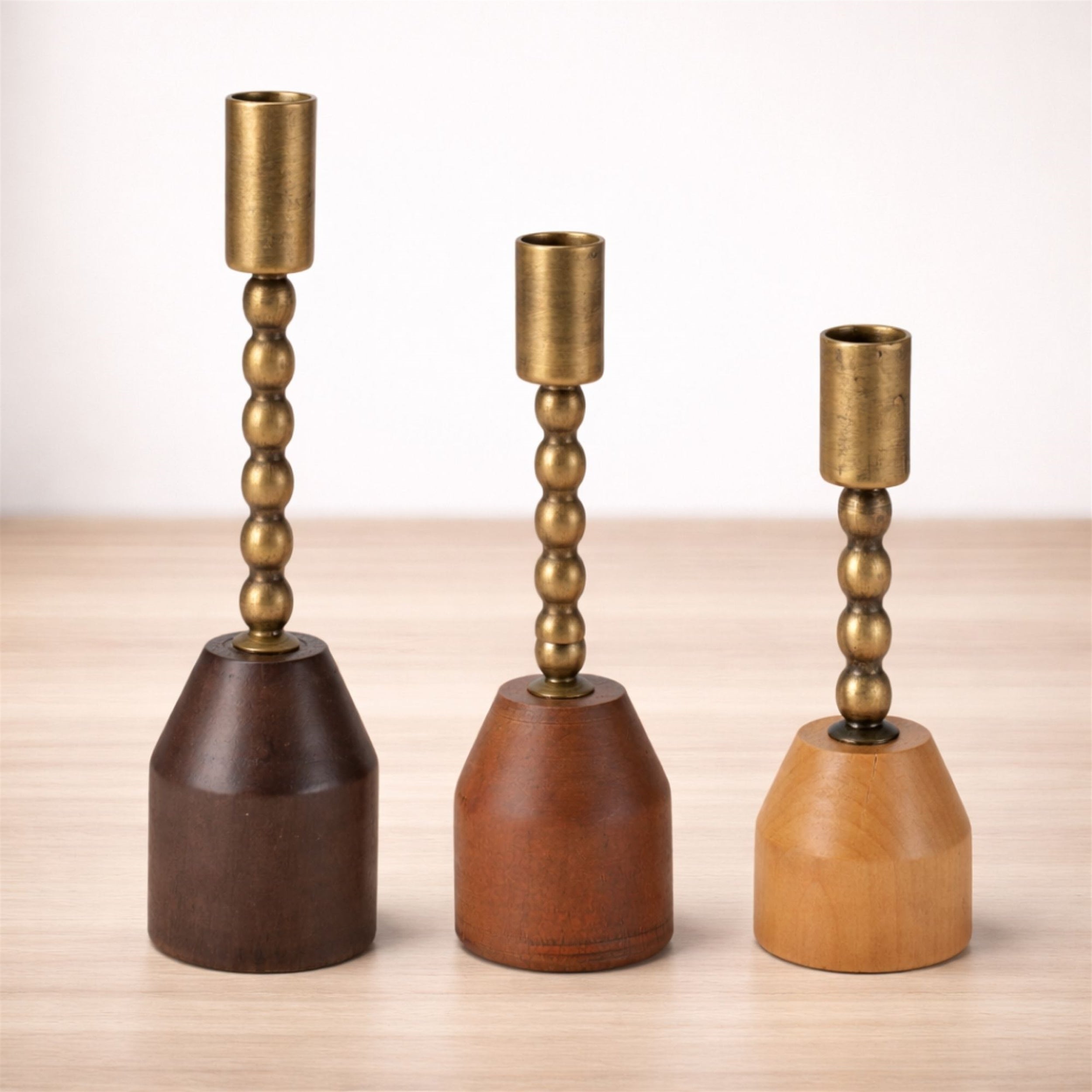 Modern Metal Taper Candle Holder with Birch Base (Set of 3)