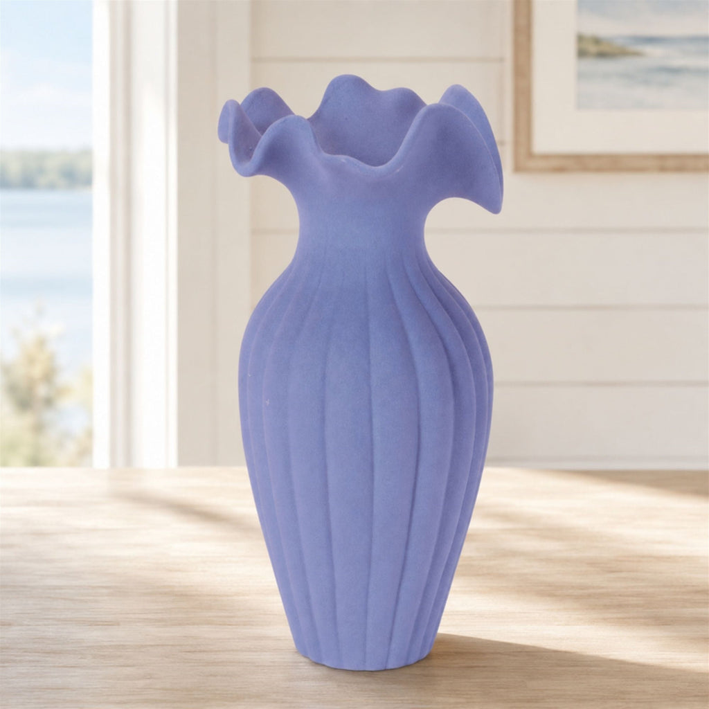 Scalloped Ribbed Stoneware Vase 9"H