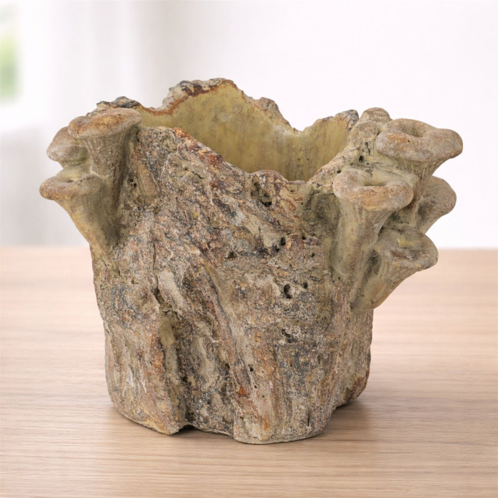 Faux Tree Stump Cement Planter Container 7.25"H