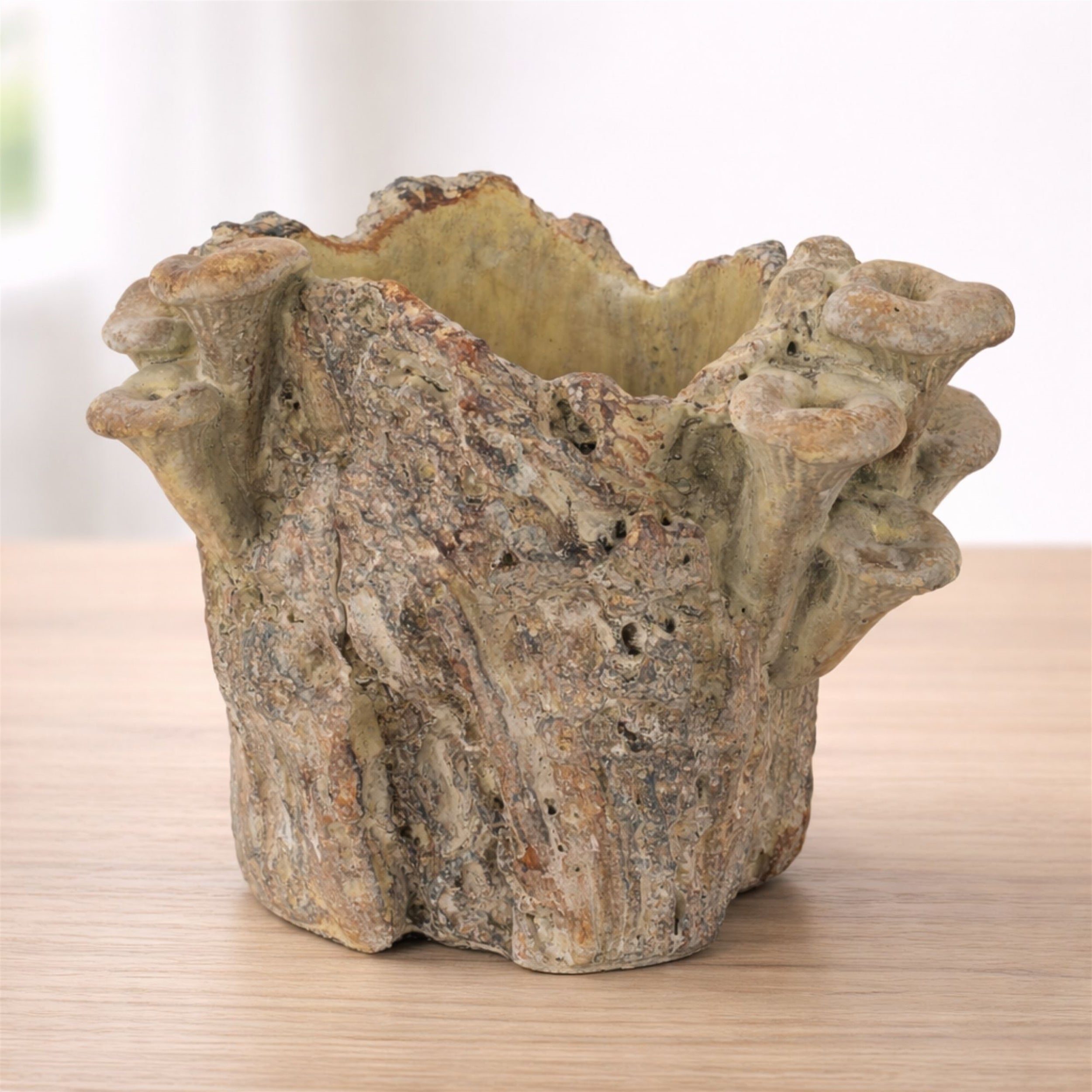 Faux Tree Stump Cement Planter Container 7.25"H
