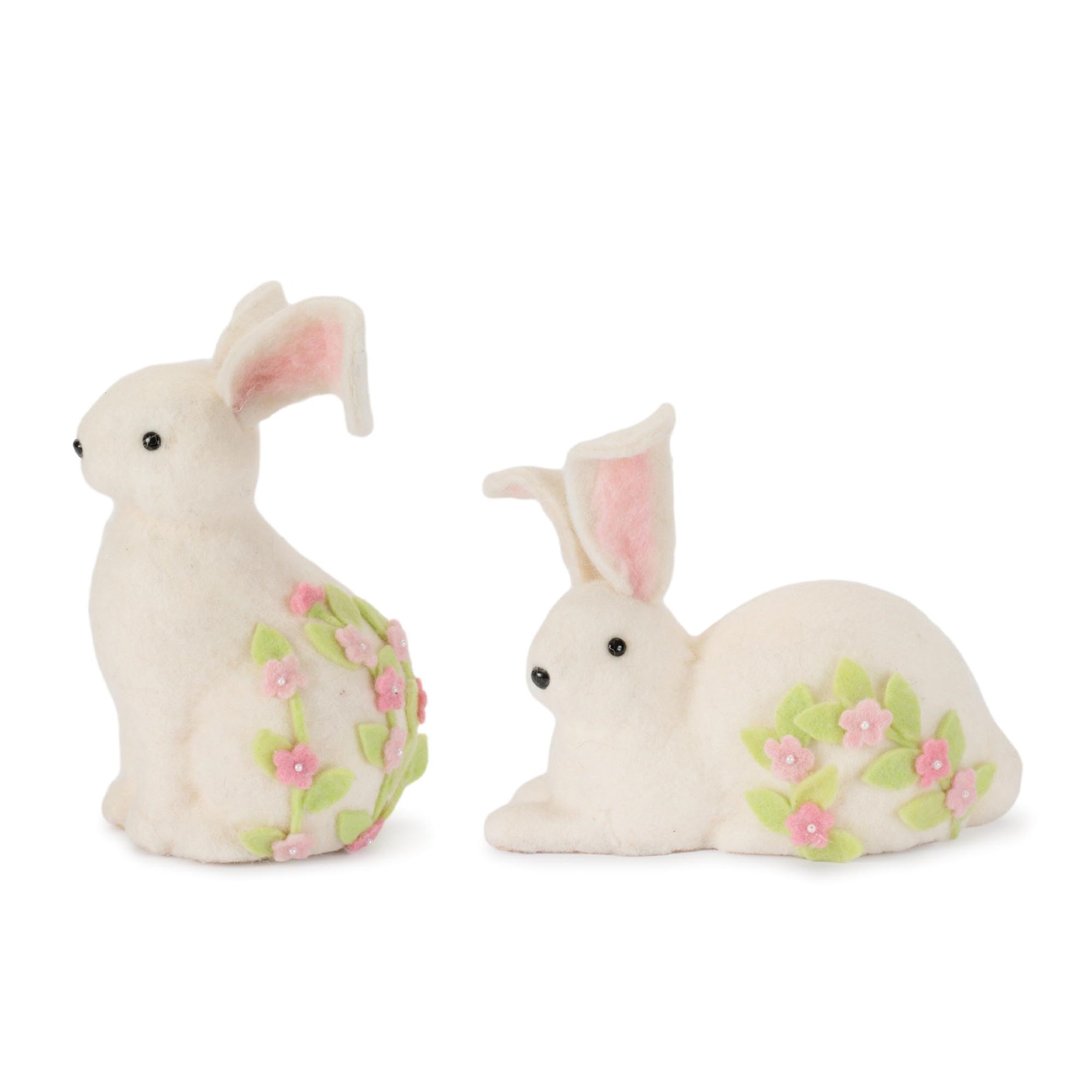 Wool Rabbit Shelf Sitter with Floral Accent (Set of 2)