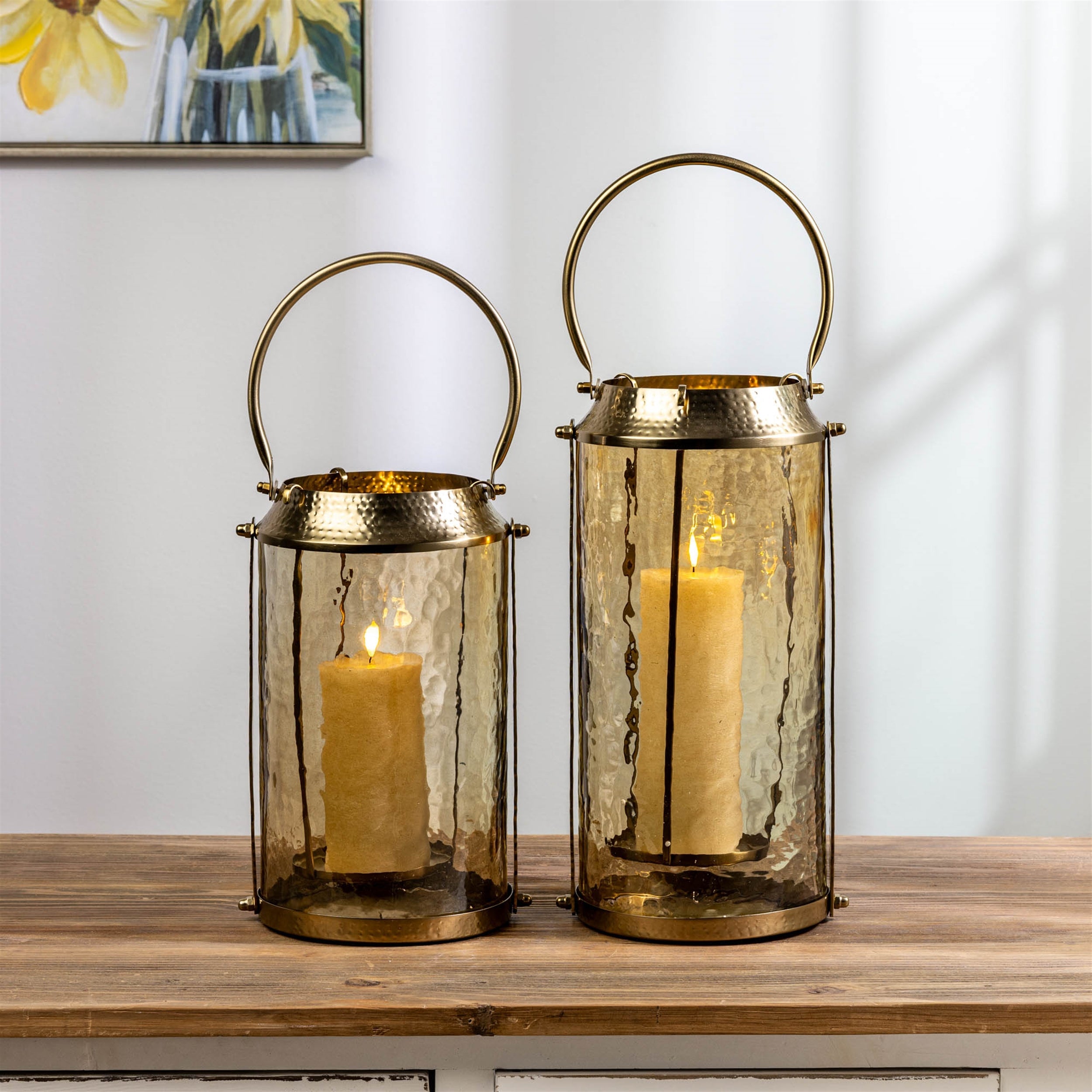 Wavy Amber Glass Lantern 15.5"H