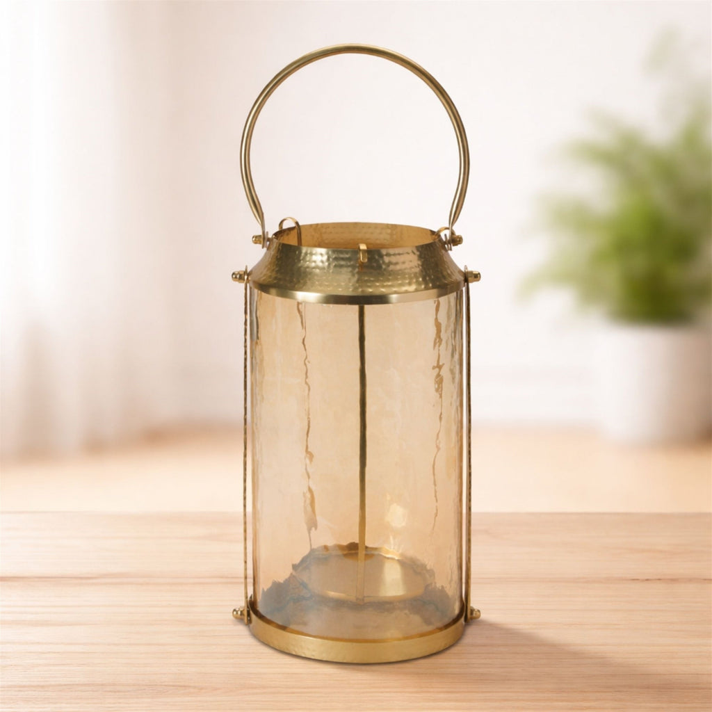 Wavy Amber Glass Lantern 13"H