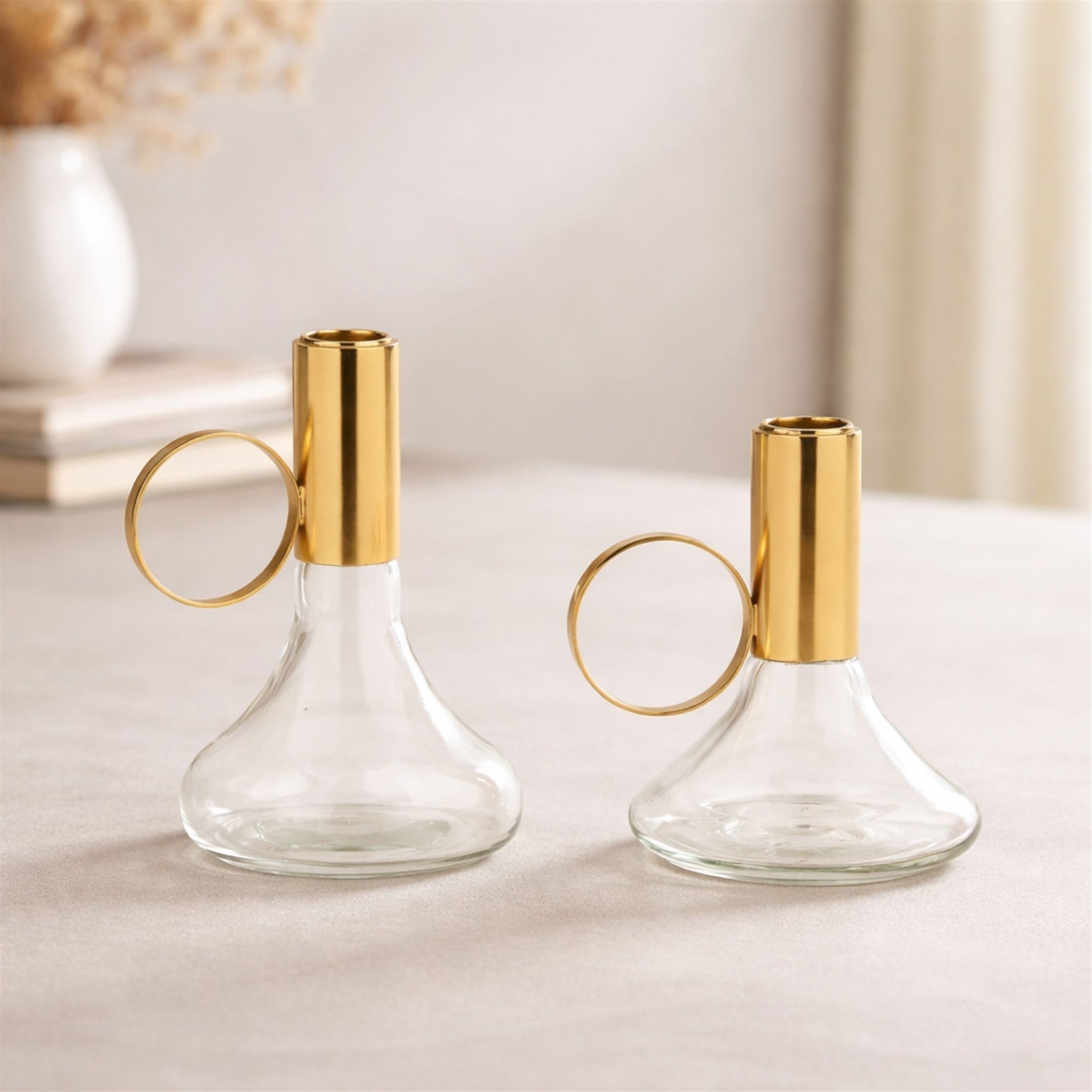 Modern Metal Taper Candle Holder with Glass Base (Set of 2)