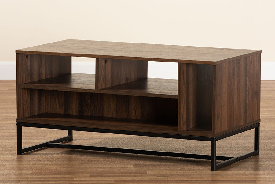 Baxton Studio Flannery Modern and Contemporary Walnut Brown Finished Wood and Black Finished Metal Coffee Table
