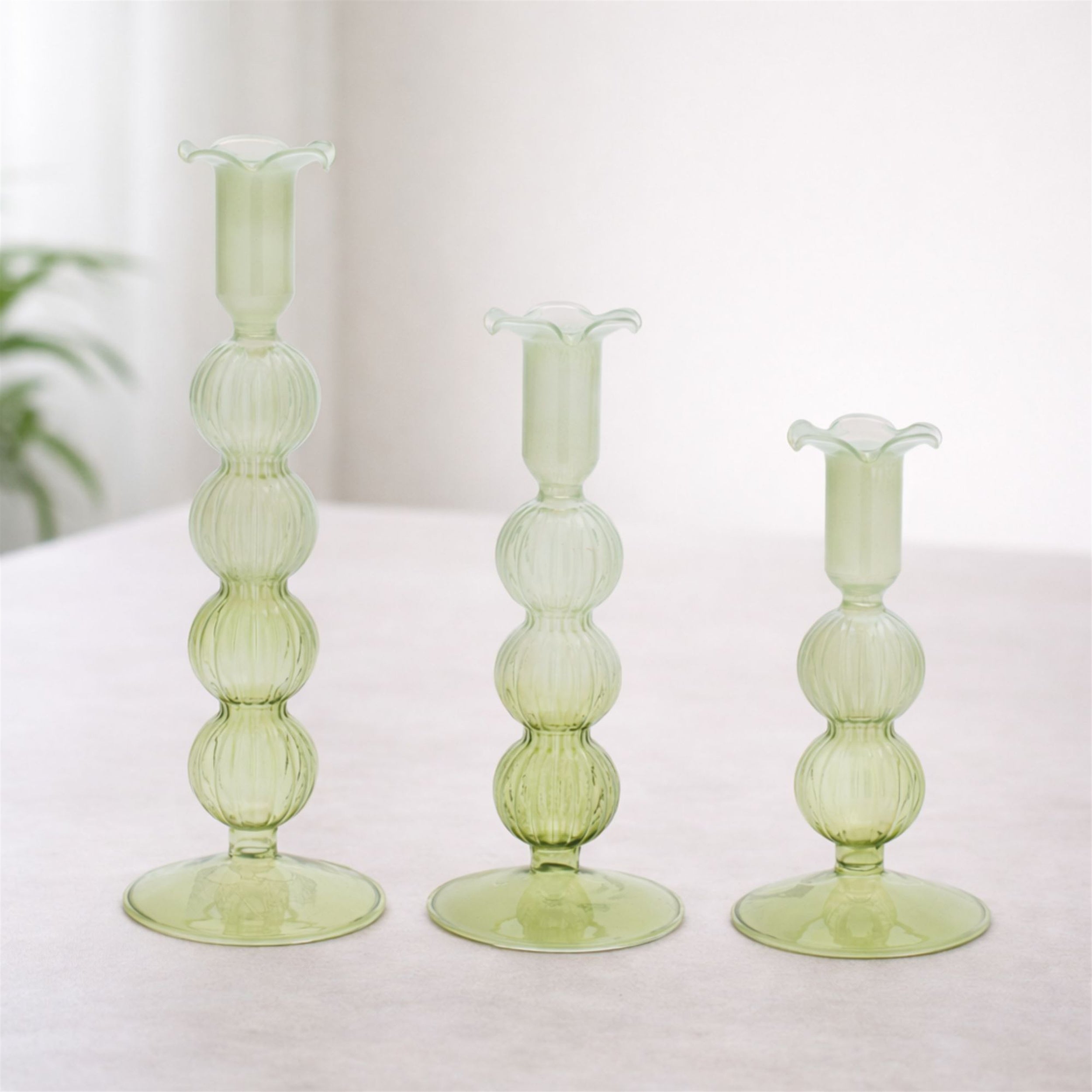 Green Glass Taper Candle Holder (Set of 3)