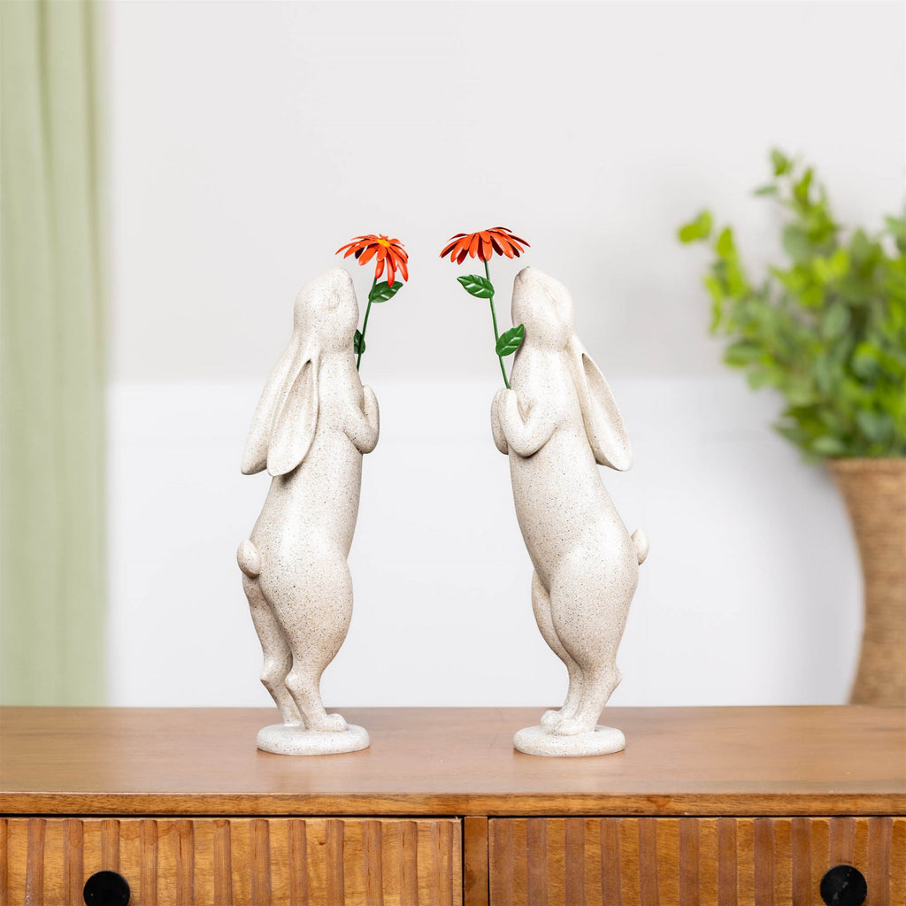 Rabbit with Flower Statue (Set of 2)