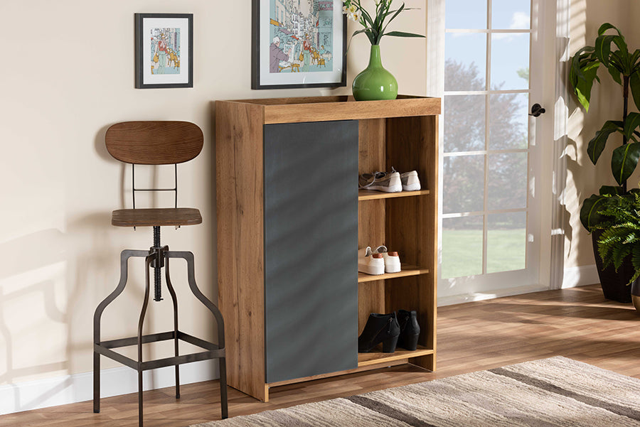 Baxton Studio Caspian Modern and Contemporary Two-Tone Grey and Oak Brown Finished Wood Shoe Cabinet