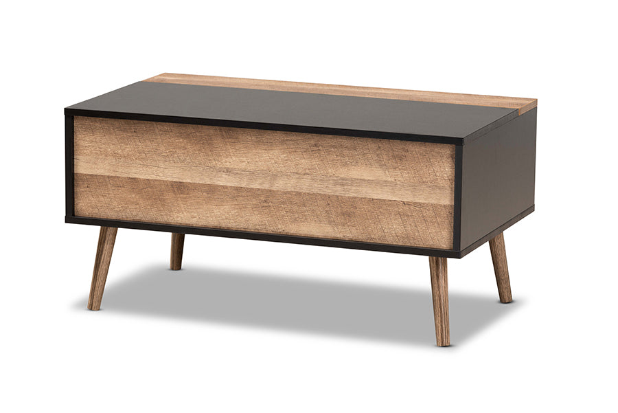 Baxton Studio Jensen Modern and Contemporary Two-Tone Black and Rustic Brown Finished Wood Lift Top Coffee Table with Storage Compartment