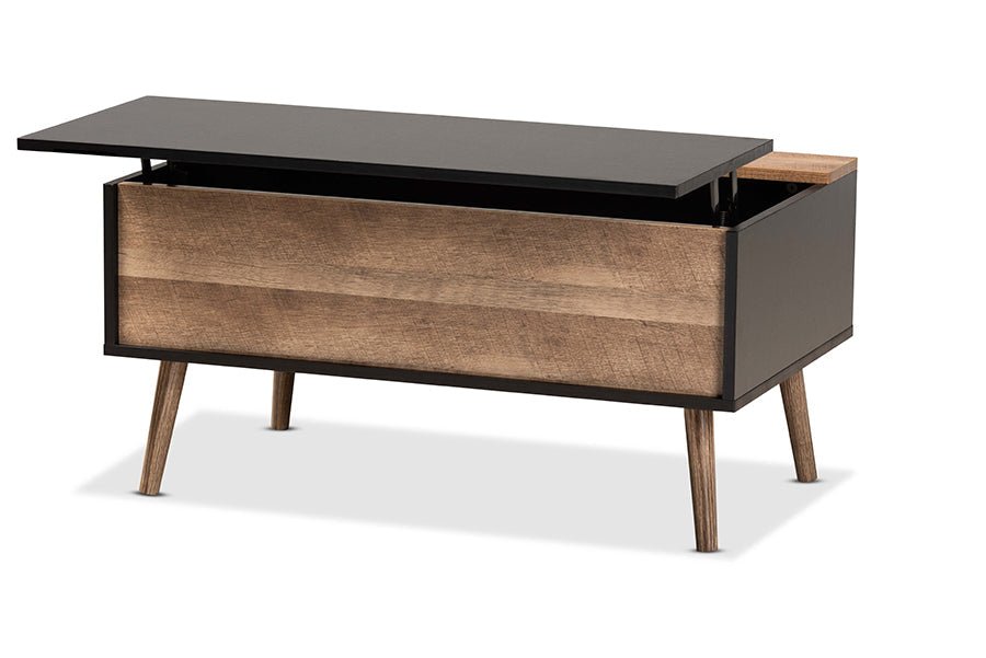 Baxton Studio Jensen Modern and Contemporary Two-Tone Black and Rustic Brown Finished Wood Lift Top Coffee Table with Storage Compartment