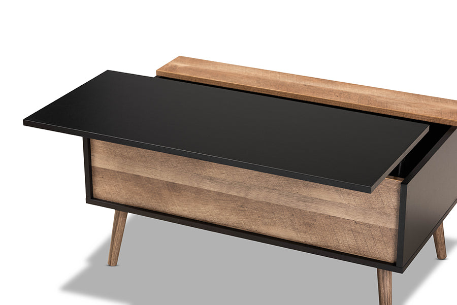 Baxton Studio Jensen Modern and Contemporary Two-Tone Black and Rustic Brown Finished Wood Lift Top Coffee Table with Storage Compartment