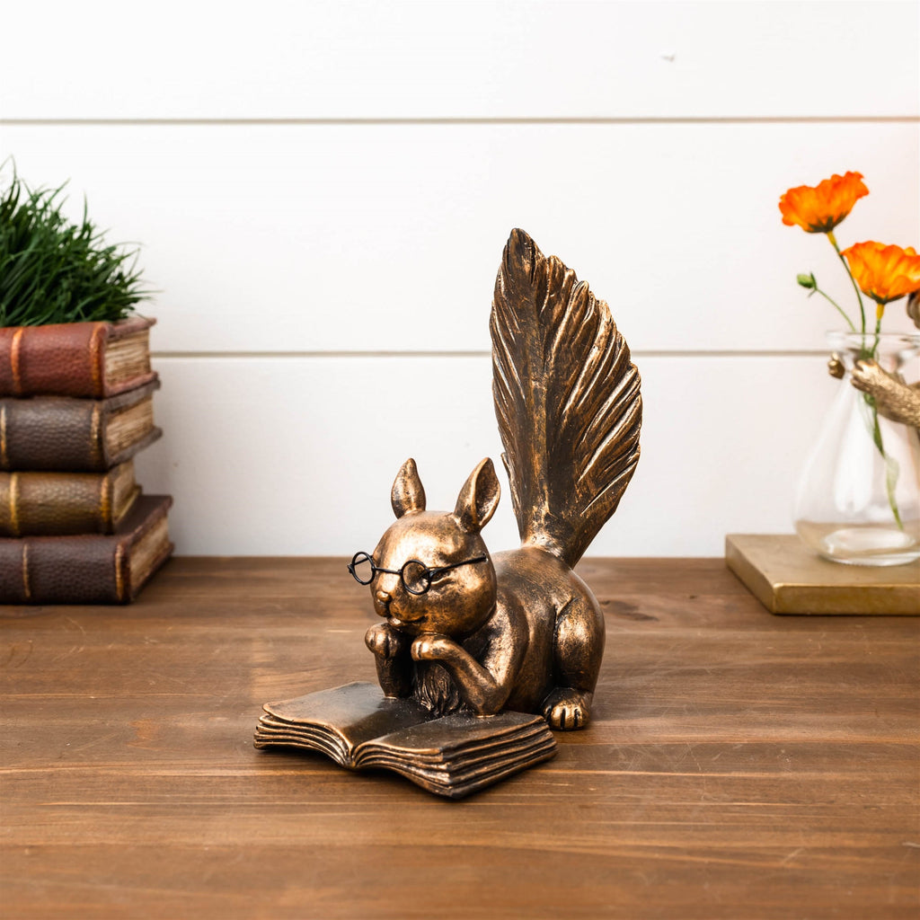 Reading Squirrel Figurine 6"H