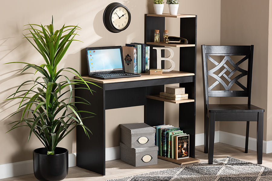 Baxton Studio Callahan Modern and Contemporary Two-Tone Dark Grey and Oak Finished Wood Desk with Shelves