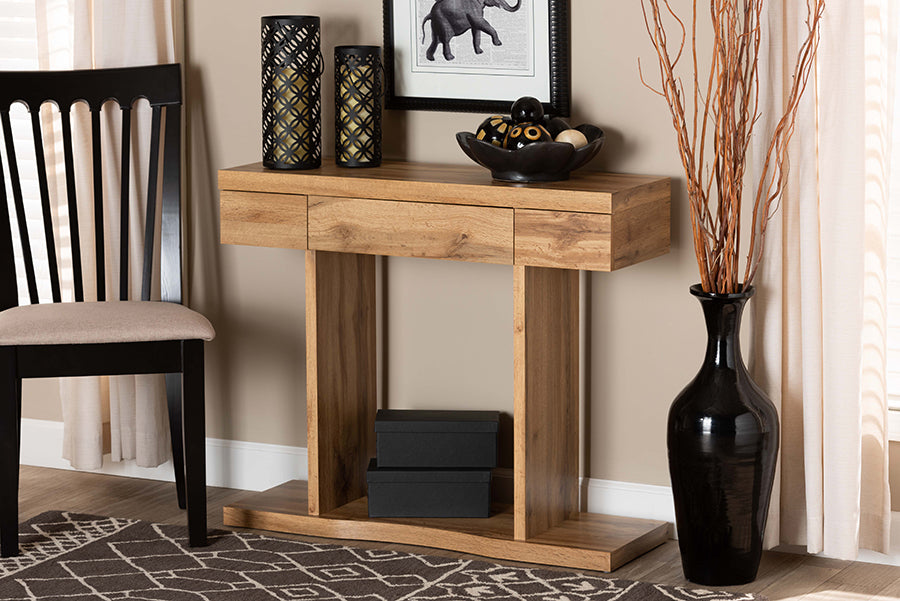 Baxton Studio Otis Modern and Contemporary Oak Brown Finished Wood 3-Drawer Console Table