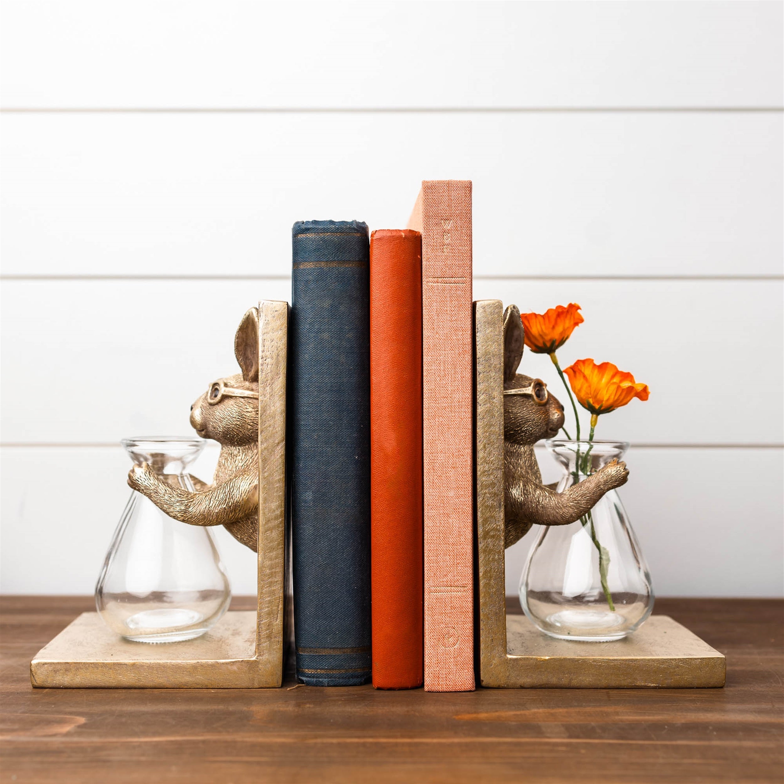 Rabbit Bookends with Glass Vase (Set of 2)