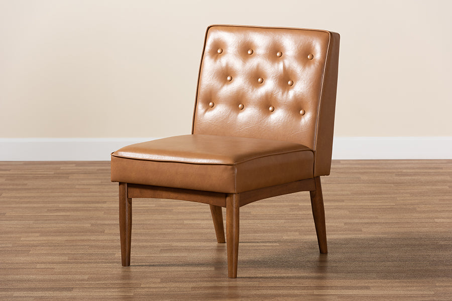 Baxton Studio Riordan Mid-Century Modern Tan Faux Leather Upholstered and Walnut Brown Finished Wood Dining Chair