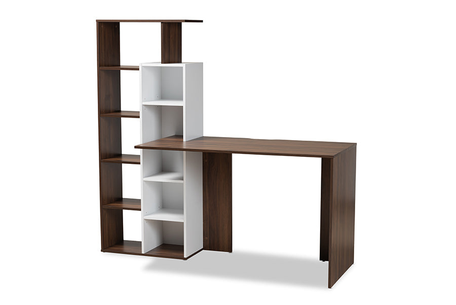 Baxton Studio Rowan Modern and Contemporary Two-Tone White and Walnut Brown Finished Wood Storage Computer Desk with Shelves