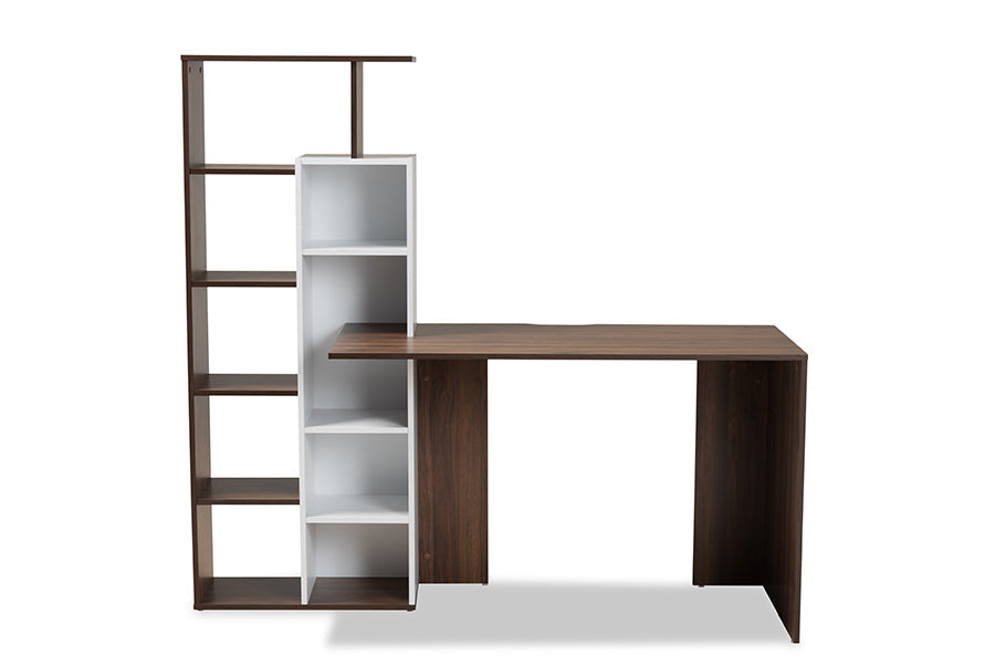 Baxton Studio Rowan Modern and Contemporary Two-Tone White and Walnut Brown Finished Wood Storage Computer Desk with Shelves