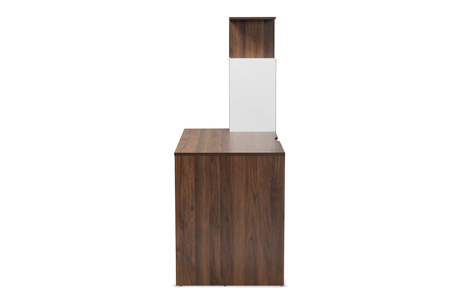 Baxton Studio Rowan Modern and Contemporary Two-Tone White and Walnut Brown Finished Wood Storage Computer Desk with Shelves