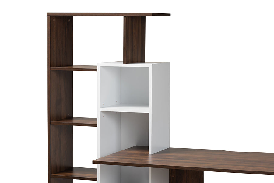 Baxton Studio Rowan Modern and Contemporary Two-Tone White and Walnut Brown Finished Wood Storage Computer Desk with Shelves