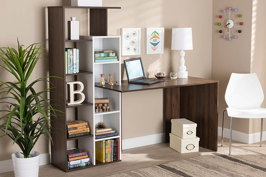 Baxton Studio Rowan Modern and Contemporary Two-Tone White and Walnut Brown Finished Wood Storage Computer Desk with Shelves