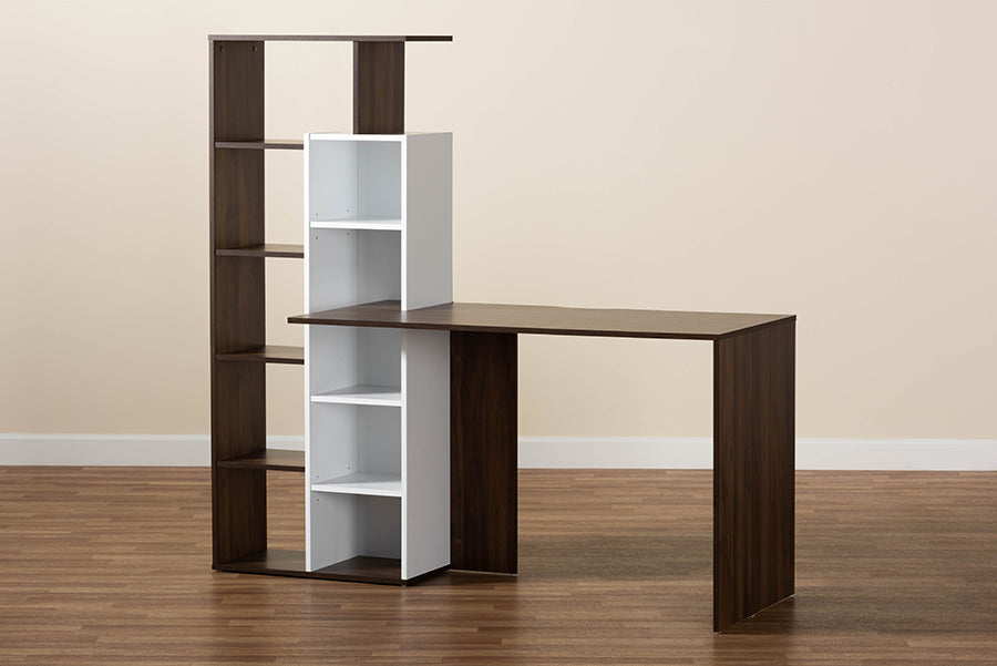 Baxton Studio Rowan Modern and Contemporary Two-Tone White and Walnut Brown Finished Wood Storage Computer Desk with Shelves