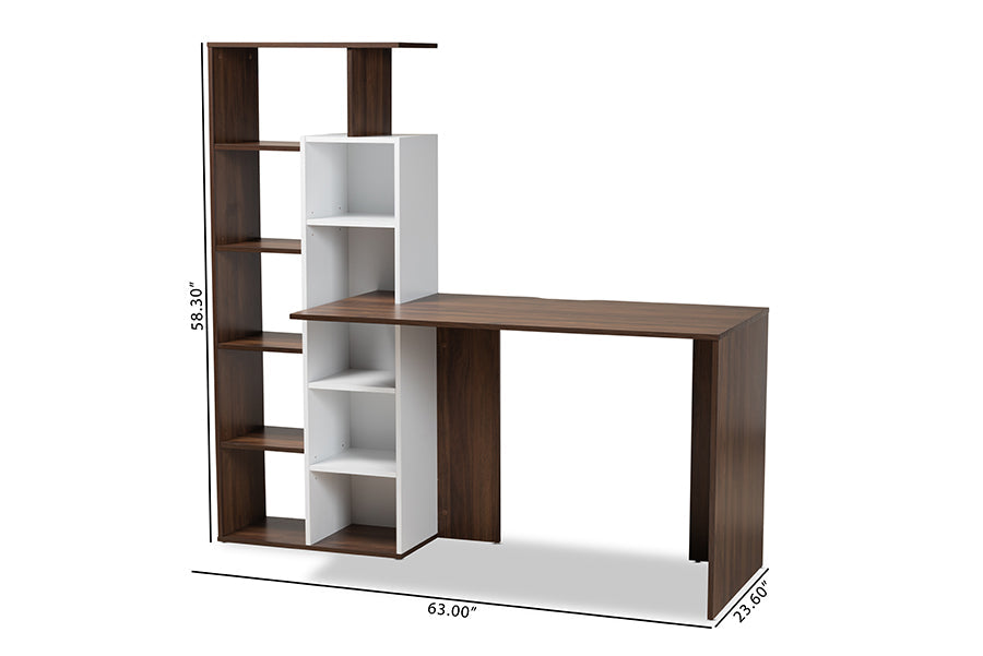 Baxton Studio Rowan Modern and Contemporary Two-Tone White and Walnut Brown Finished Wood Storage Computer Desk with Shelves
