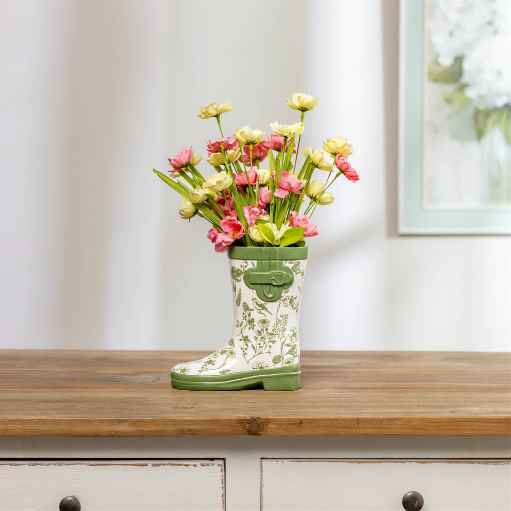 Floral Print Rain Boot Vase 7"H