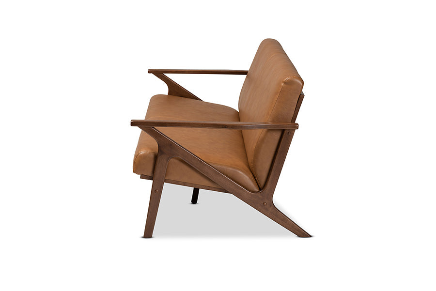 Baxton Studio Bianca Mid-Century Modern Walnut Brown Finished Wood and Tan Faux Leather Effect Sofa