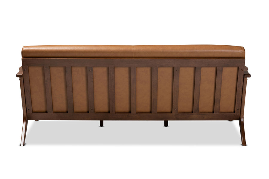 Baxton Studio Bianca Mid-Century Modern Walnut Brown Finished Wood and Tan Faux Leather Effect Sofa