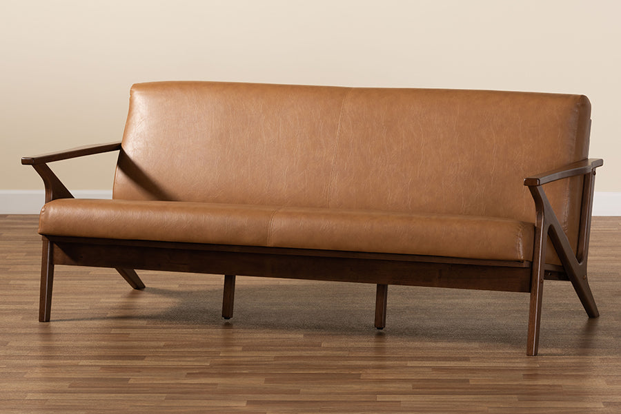 Baxton Studio Bianca Mid-Century Modern Walnut Brown Finished Wood and Tan Faux Leather Effect Sofa