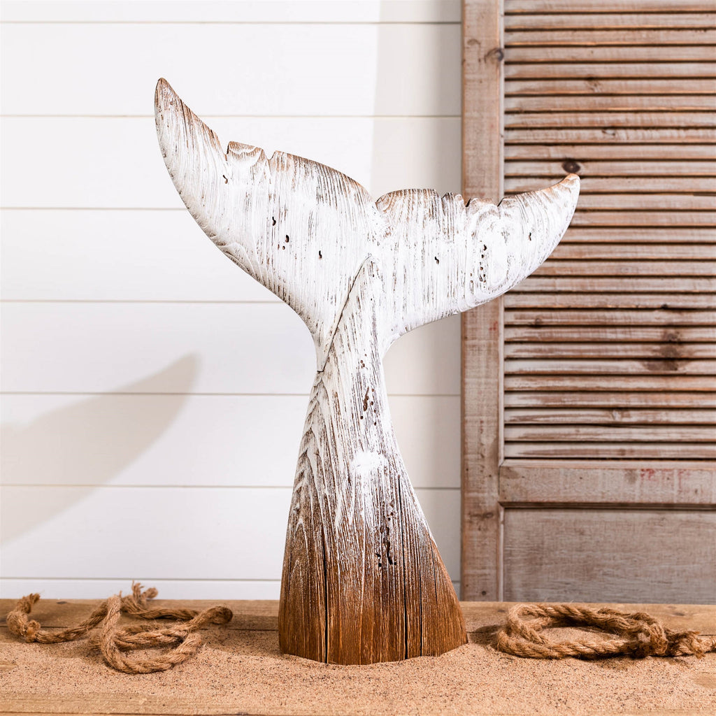 Distressed Wood Whale Tail DŽcor 20"H