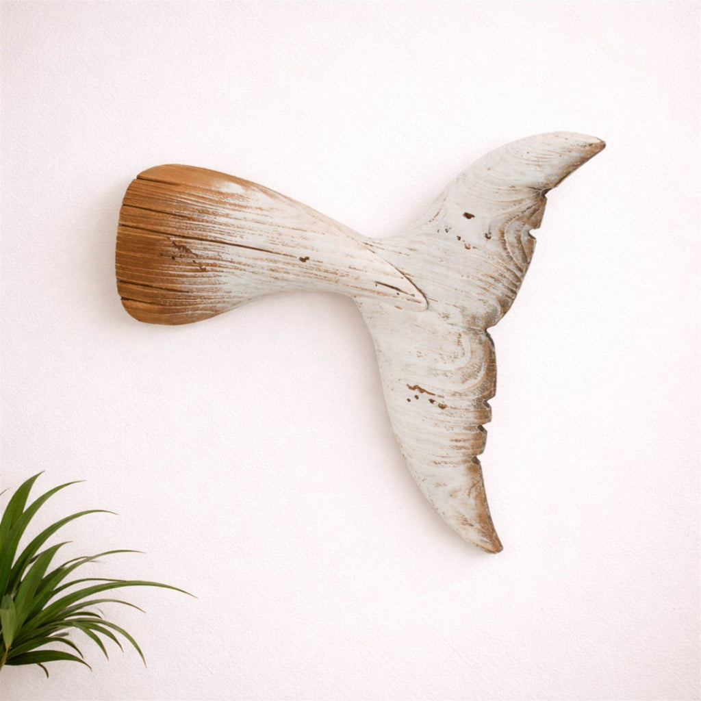 Distressed Wood Whale Tail Wall Art 15"H