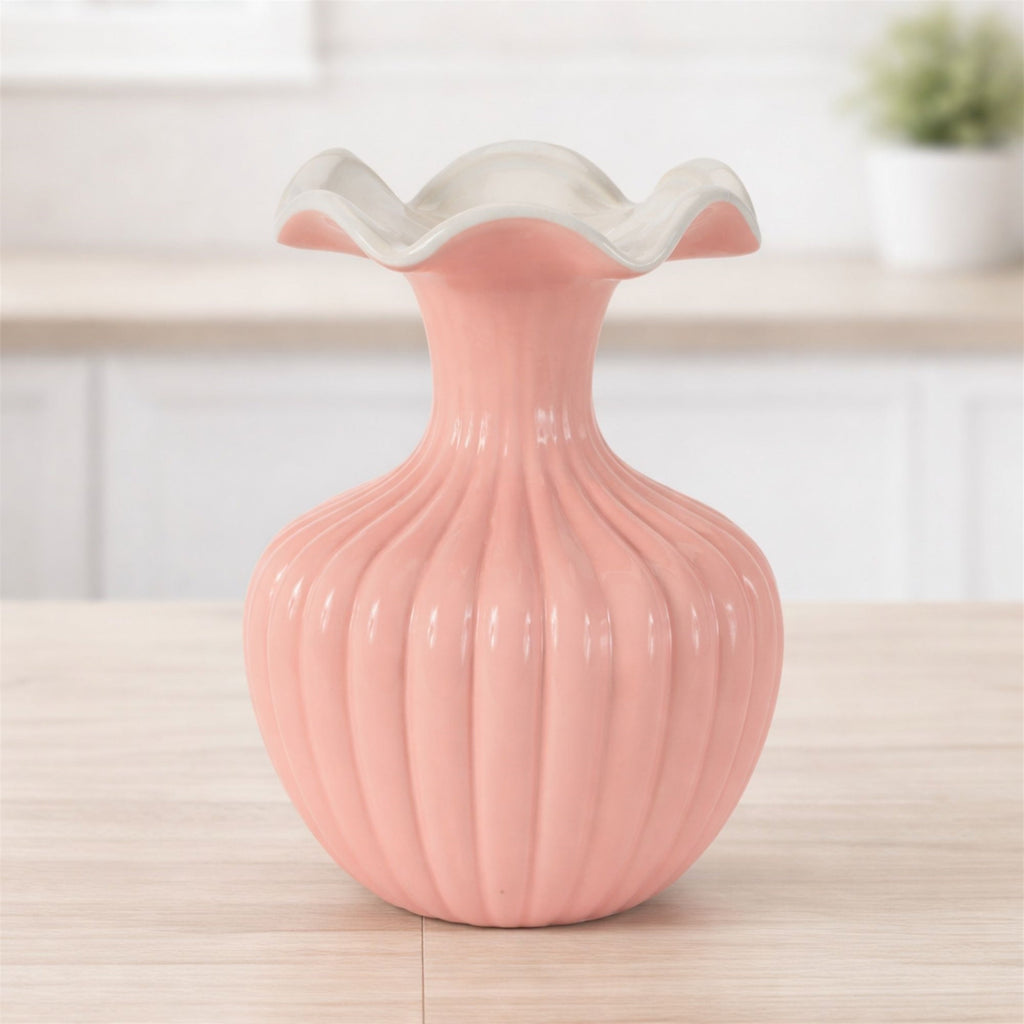 Ribbed Ruffle Rim Vase 8"H