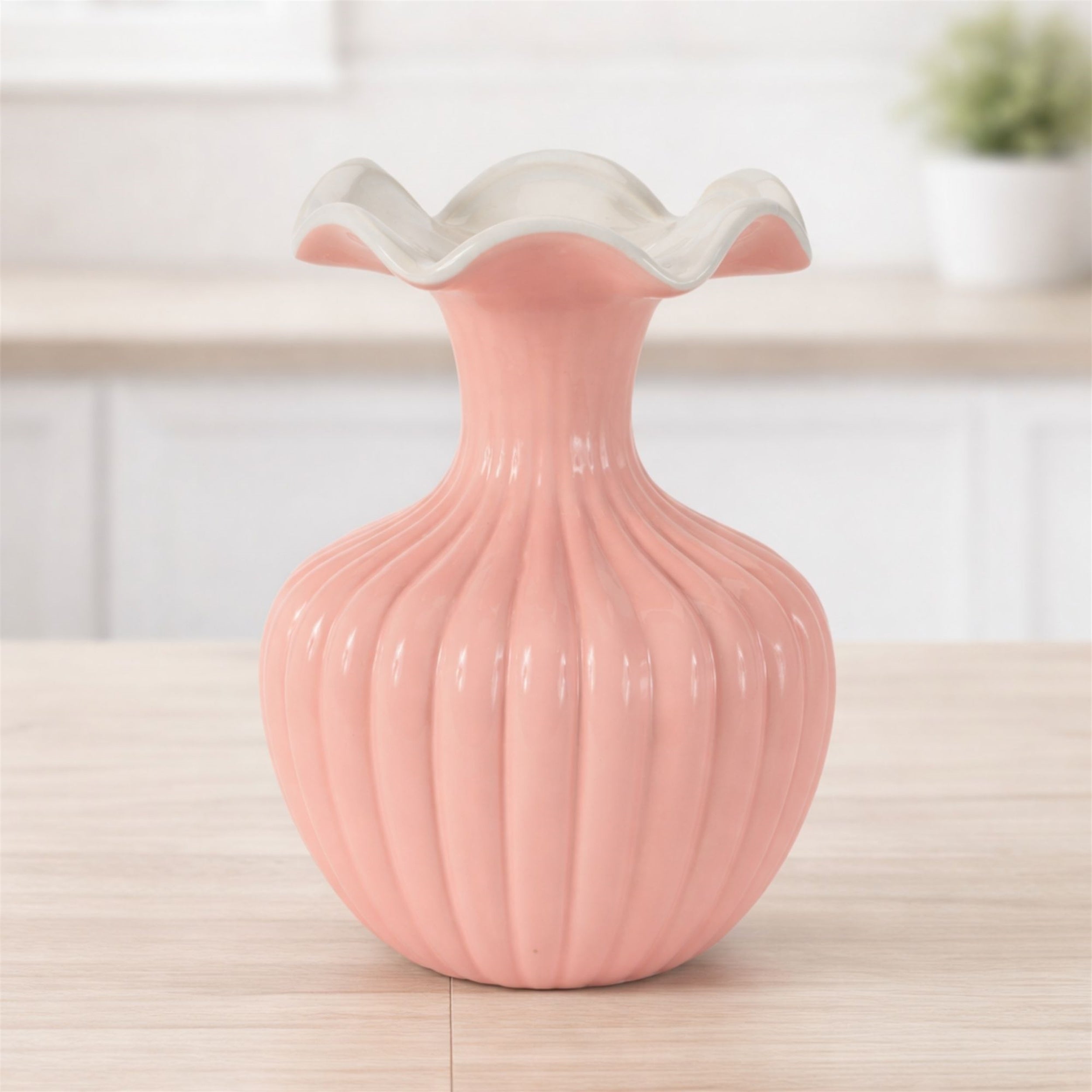 Ribbed Ruffle Rim Vase 8"H