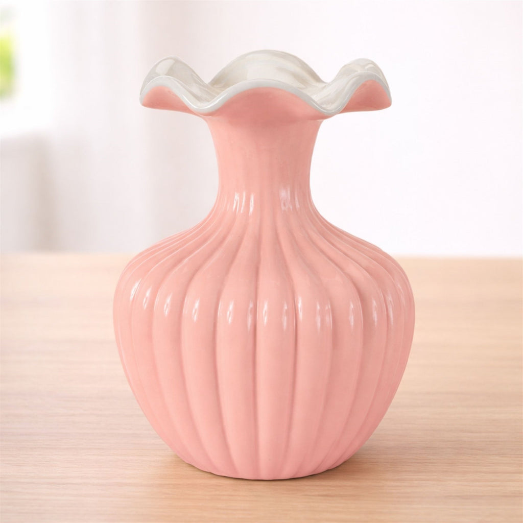 Ribbed Ruffle Rim Vase 8"H