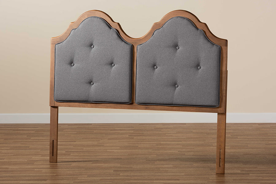 Baxton Studio Falk Vintage Classic Traditional Dark Grey Fabric Upholstered and Walnut Brown Finished Wood Queen Size Arched Headboard