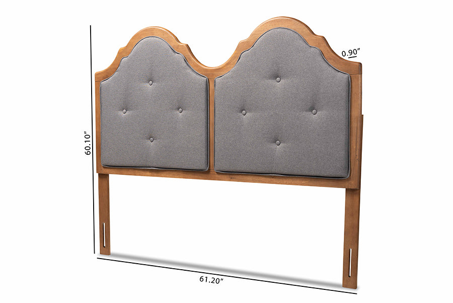 Baxton Studio Falk Vintage Classic Traditional Dark Grey Fabric Upholstered and Walnut Brown Finished Wood Queen Size Arched Headboard