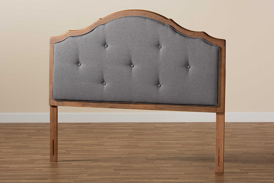 Baxton Studio Gala Vintage Classic Traditional Dark Grey Fabric Upholstered and Walnut Brown Finished Wood Queen Size Arched Headboard