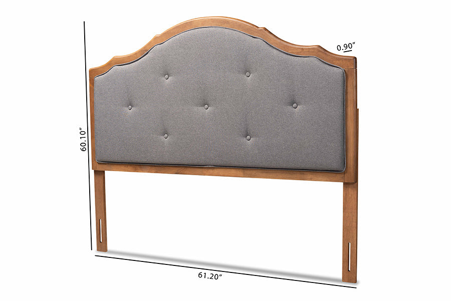Baxton Studio Gala Vintage Classic Traditional Dark Grey Fabric Upholstered and Walnut Brown Finished Wood Queen Size Arched Headboard