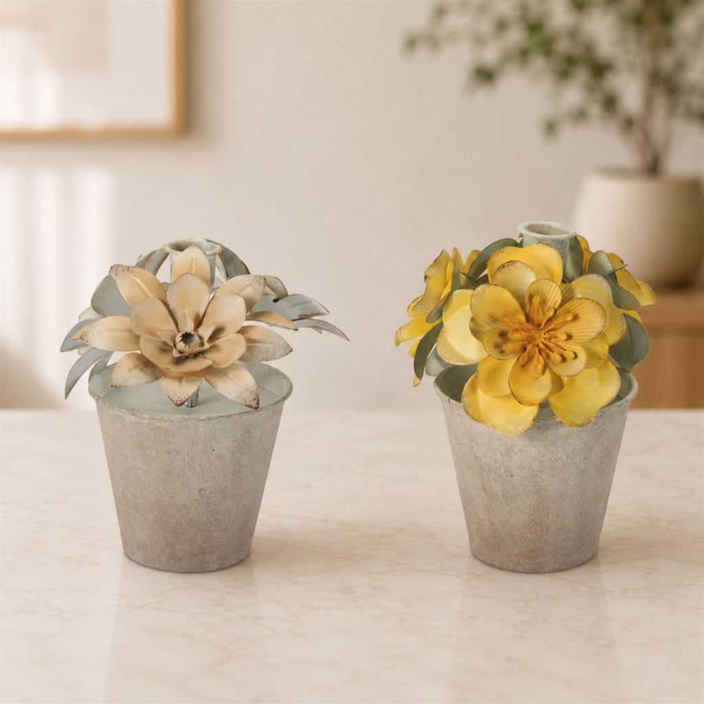 Sculpted Metal Flower Pot Taper Candle Holder (Set of 2)