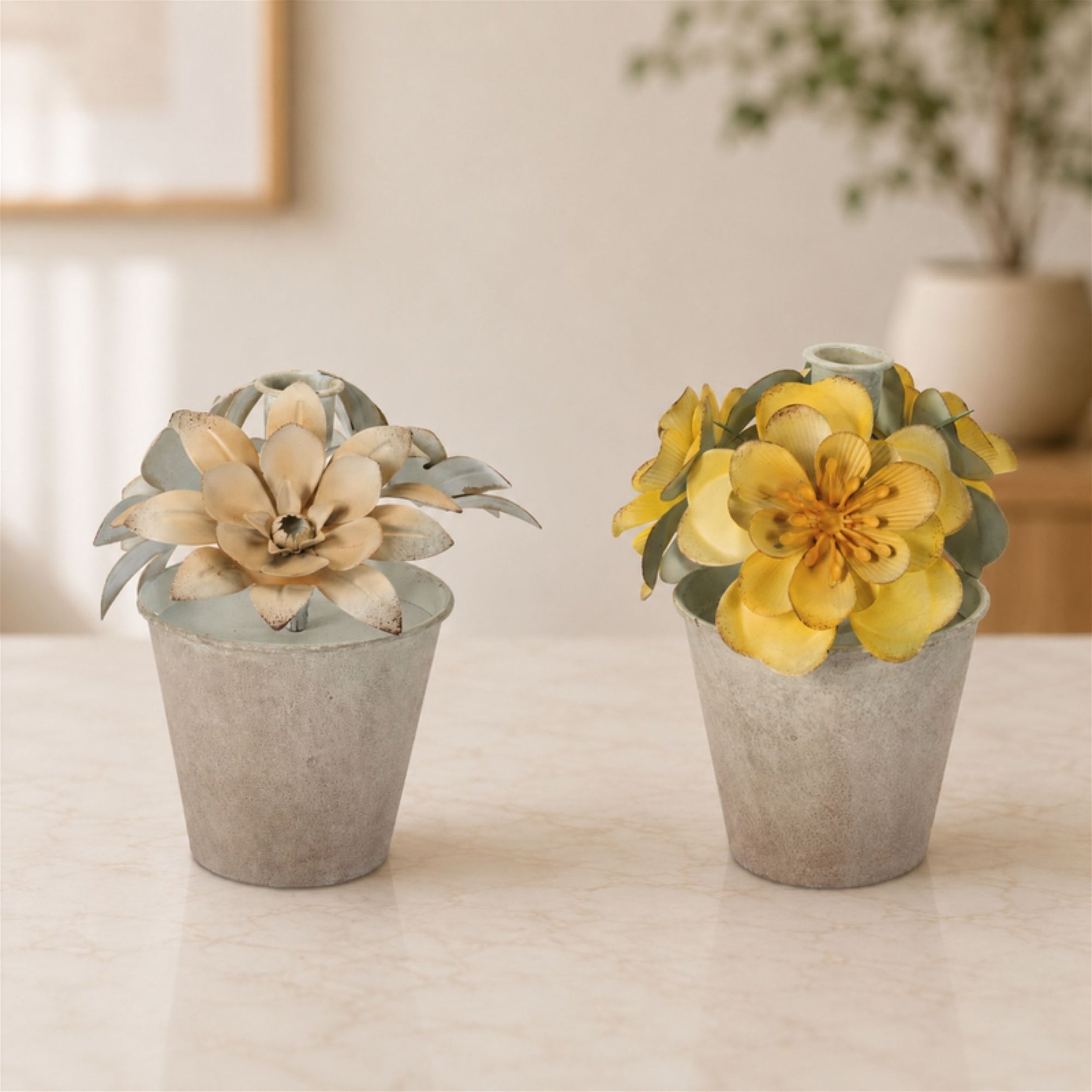 Sculpted Metal Flower Pot Taper Candle Holder (Set of 2)