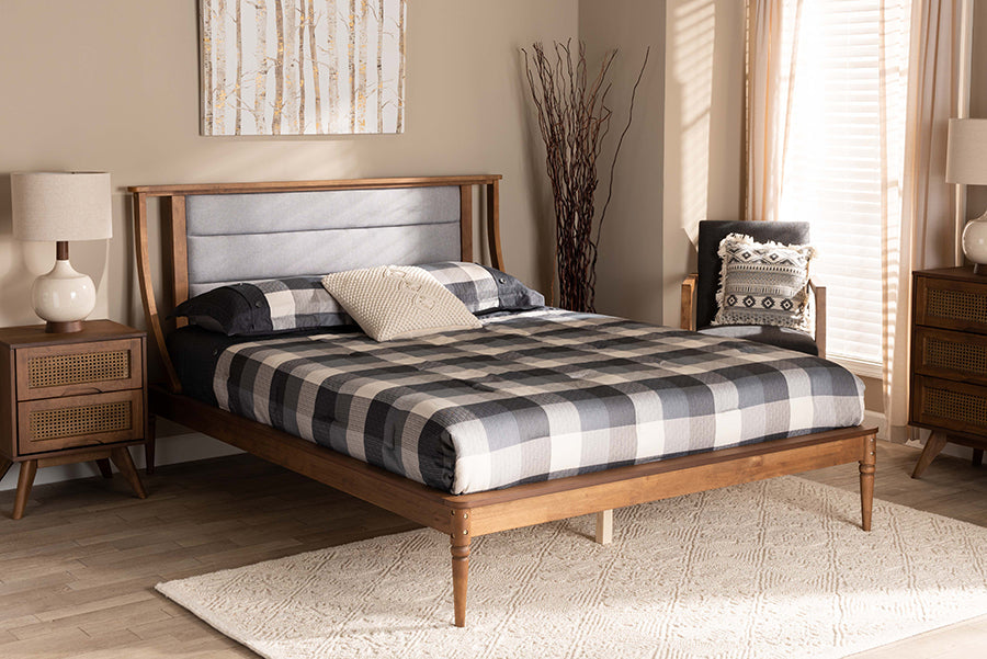 Baxton Studio Regis Modern and Contemporary Transitional Light Grey Fabric Upholstered and Walnut Brown Finished Wood Full Size Platform Bed
