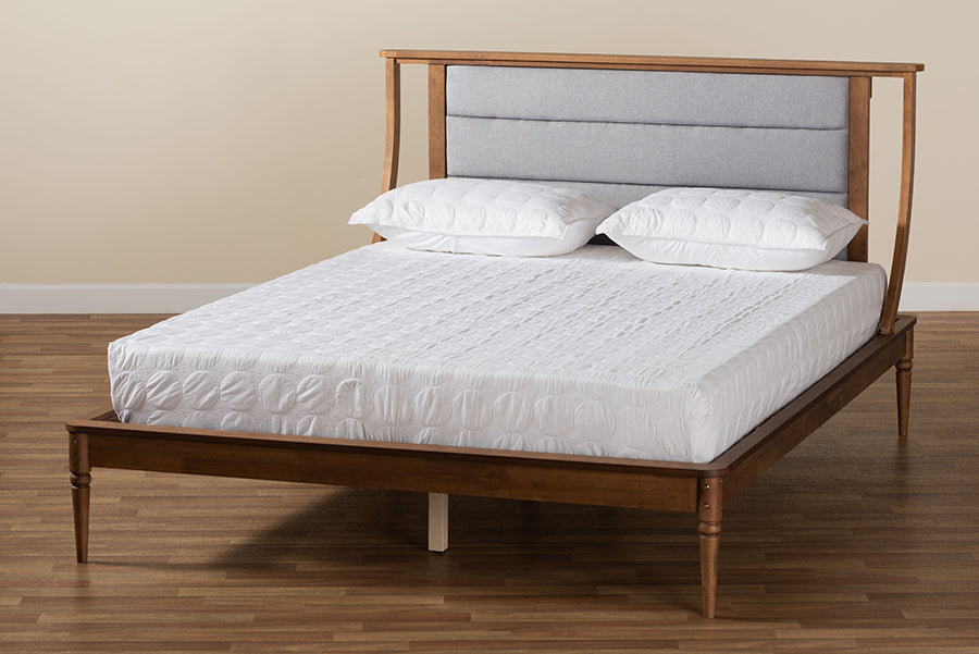 Baxton Studio Regis Modern and Contemporary Transitional Light Grey Fabric Upholstered and Walnut Brown Finished Wood Full Size Platform Bed