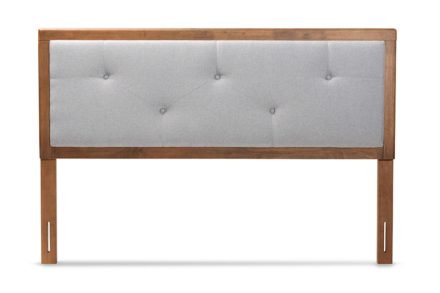 Baxton Studio Abner Modern and Contemporary Transitional Light Grey Fabric Upholstered and Walnut Brown Finished Wood Full Size Headboard