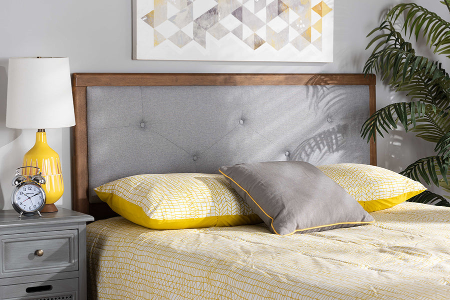 Baxton Studio Abner Modern and Contemporary Transitional Light Grey Fabric Upholstered and Walnut Brown Finished Wood Full Size Headboard